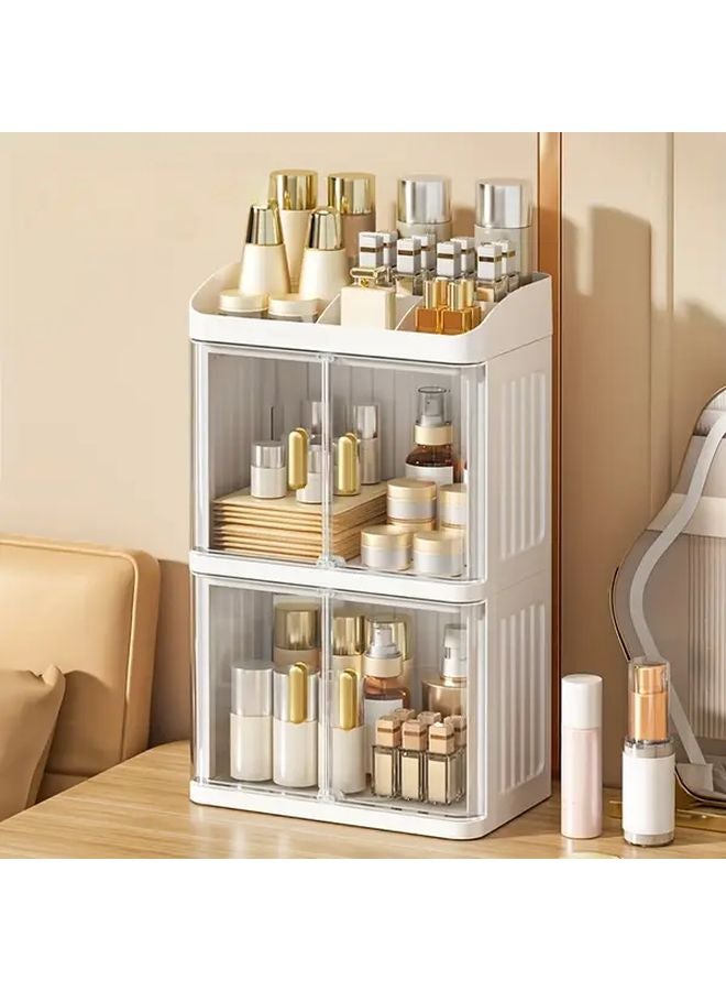 Cream Transparent 2 Tier Large Capacity Foldable Makeup Organizer Cosmetic Storage Box - Image 5